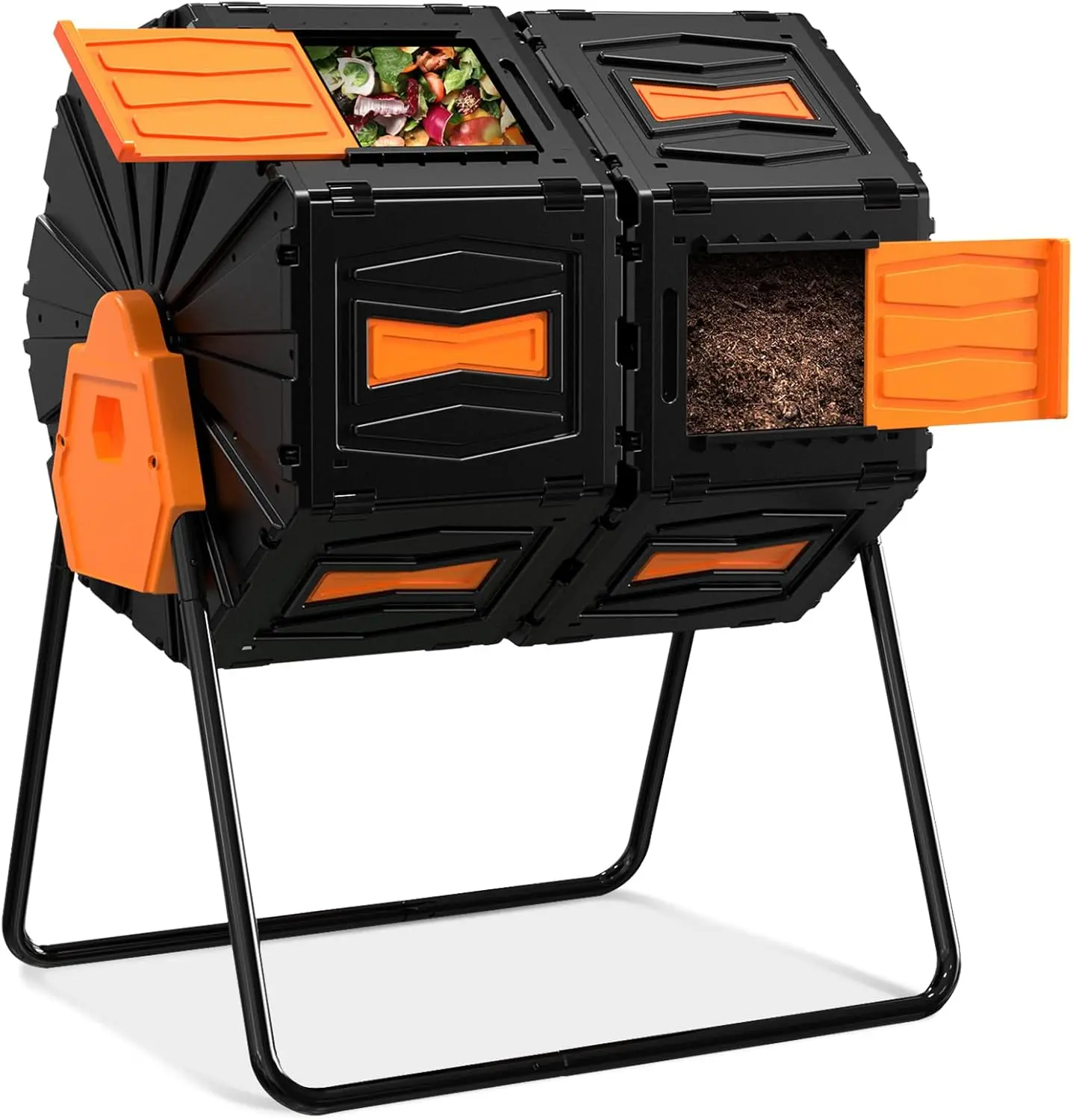 Rotating Compost Bin Dual Chamber Large 170 Liter 45 Gallon Easy Assemble Efficient For Garden Kitchen Yard Waste Orange Door