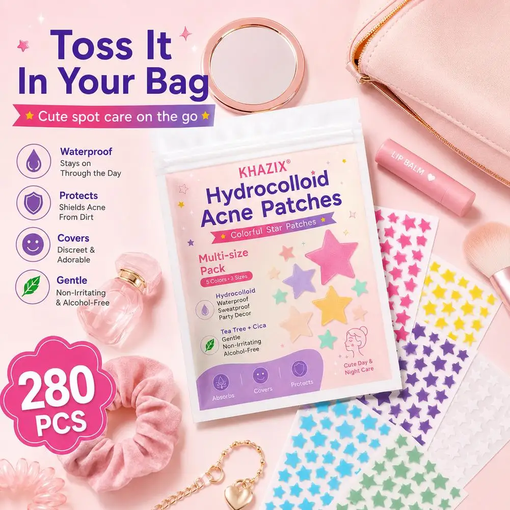 280pcs Bulk Multi-color Star Shaped Hydrocolloid Pimple Patches Invisible Hydrocolloid Dots Color Star Pimple Patches image 3