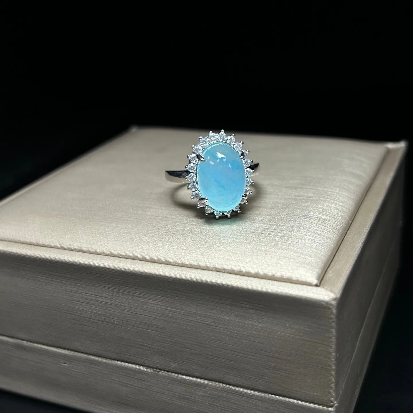 Real Natural Inlay Ice Blue Burmese Jade Jadeite Archaistic Amulet Ring