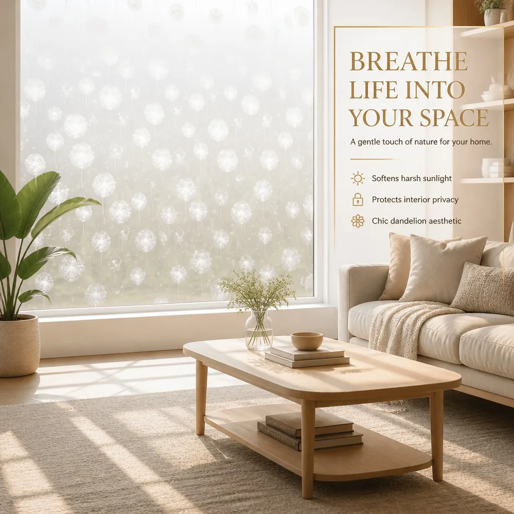 Dandelion Privacy Window Film Static Cling Frosted Gradient Decorative Sticker Non-Adhesive for Bathroom Bedroom