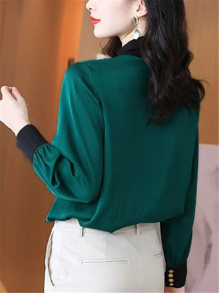 Wiosna letnie bluzki kobiety koszula zielony sweter wstążka szalik jedwabna koszula dla kobiet zmniejszenie kontrast wstążka jedwab jedwabna koszula