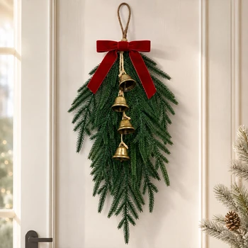20” Artificial Christmas Hanging Swag with Red Velvet Bow and Bells, Faux Pine Greenery…
