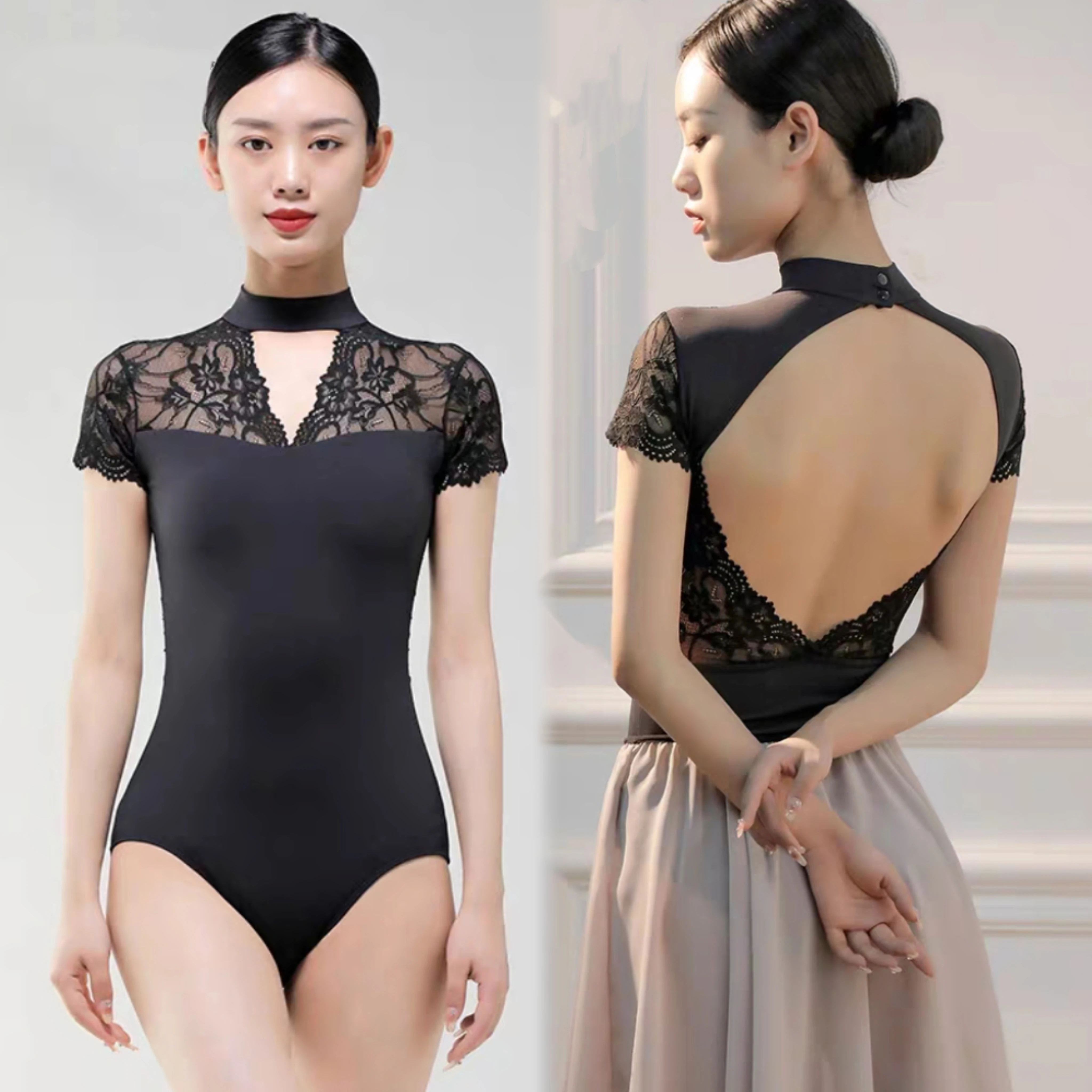 بدلة رقص باليه ضيقة للسيدات البالغات برقبة عالية من الدانتيل المجوف وأكمام قصيرة