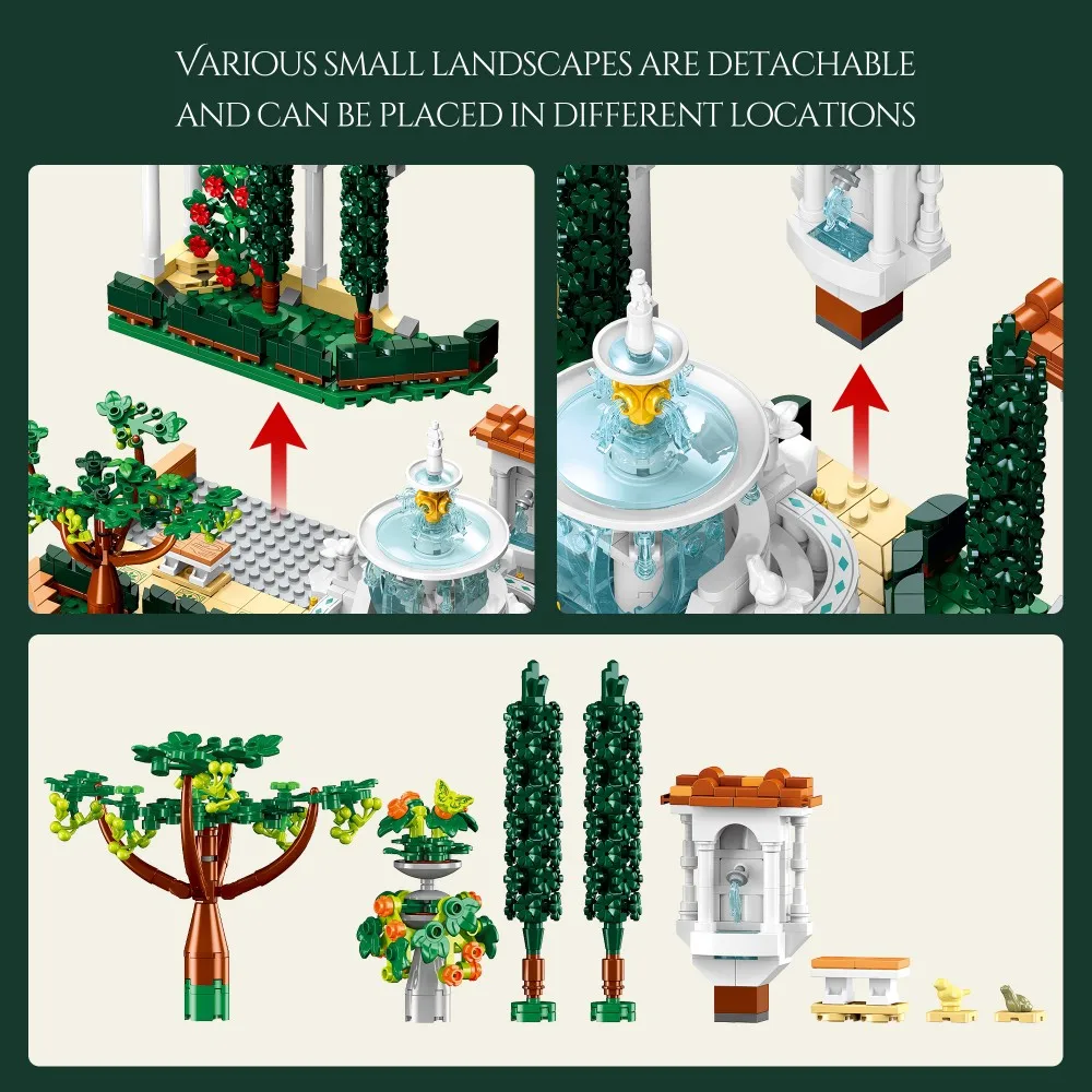 European Fountain Garden Architecture Building Set - Classic Landscape Model with Plants & Plaza, DIY Display Art for Adults