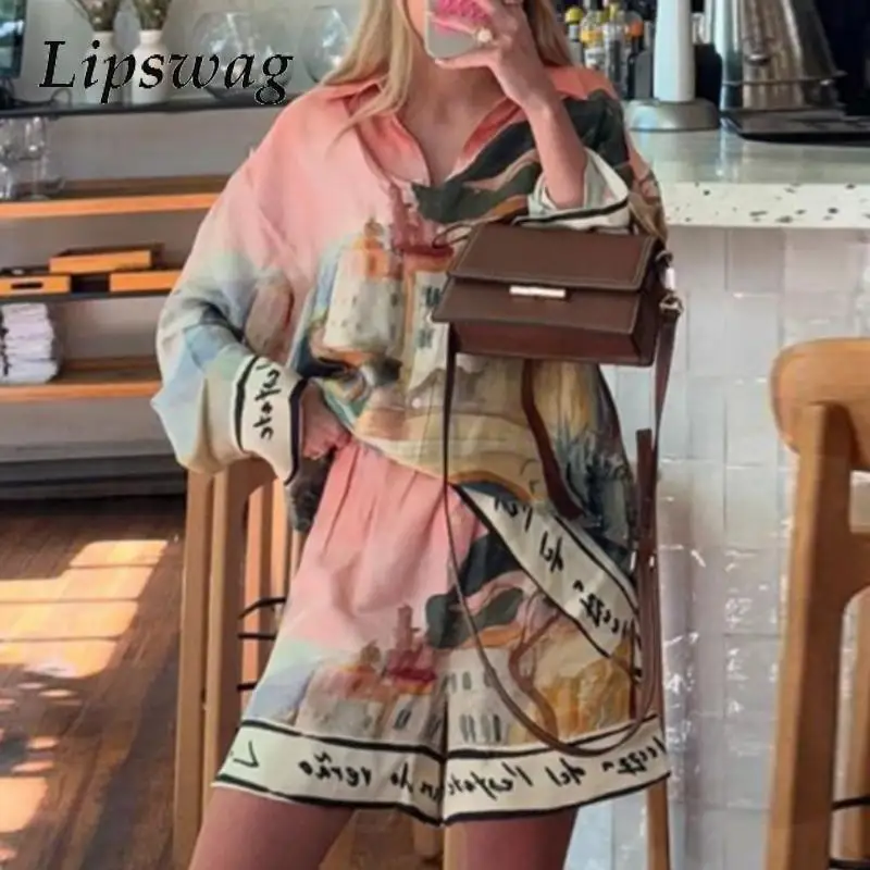 

Women Fashion Pattern Print Beach Outfits 2025 Casual Button Pocket Loose 2Pc Sets Elegant Lapel Long Sleeve Shirt & Shorts Suit