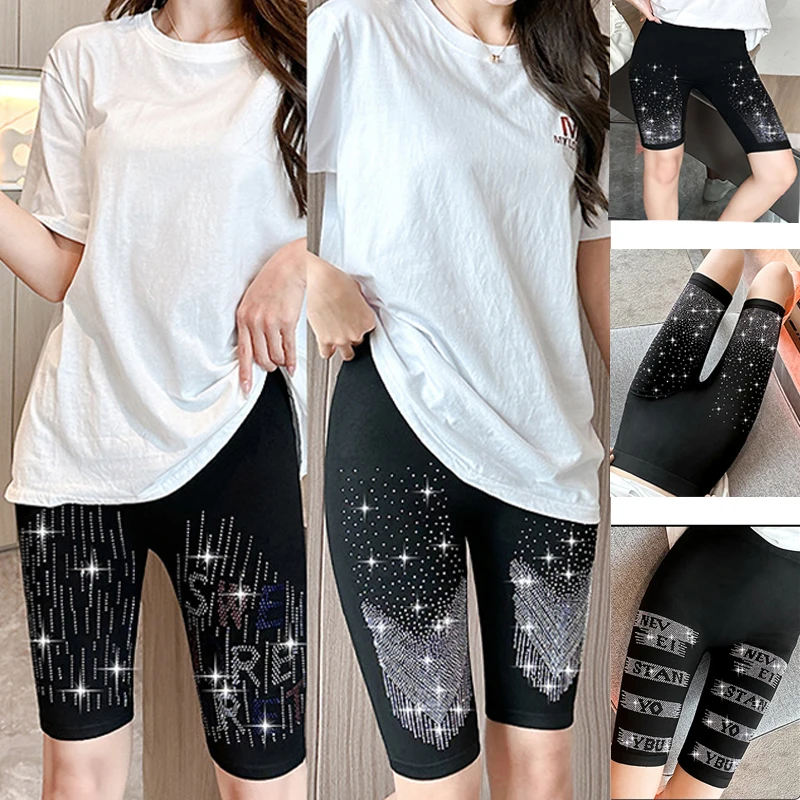 Black Stretch Rhinestone Skinny Shorts Women Leggings Stars Letter Hot Drilling Knee-length Elastic Short Pant Slim Yoga Legging