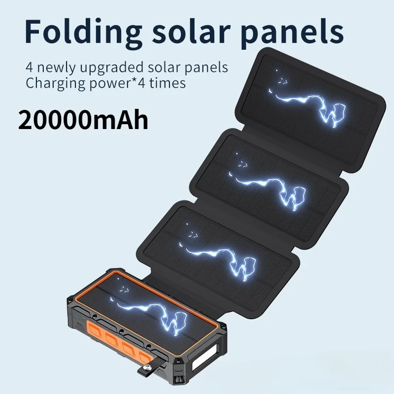 Solar Charger 20000mAh Solar Power Bank with Outputs Fast Charging Portable Charger, 4 Solar Panels with Flashlights for Phone,
