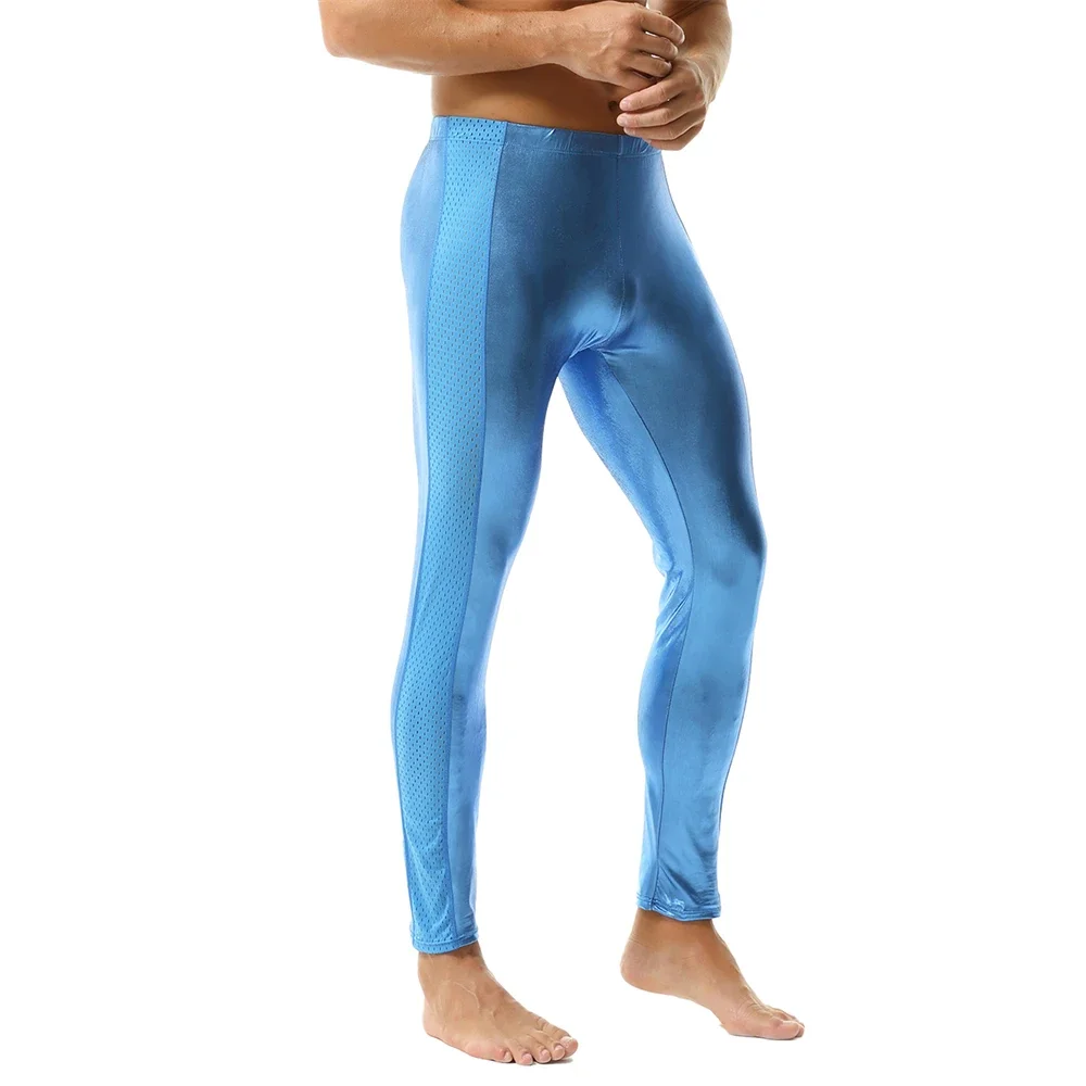 

Men Elastic Faux Leather Long Pants Mesh Patchwork Skinny Trousers Solid Color Oil Shiny Leggings Nightclub Dance Party Costumes