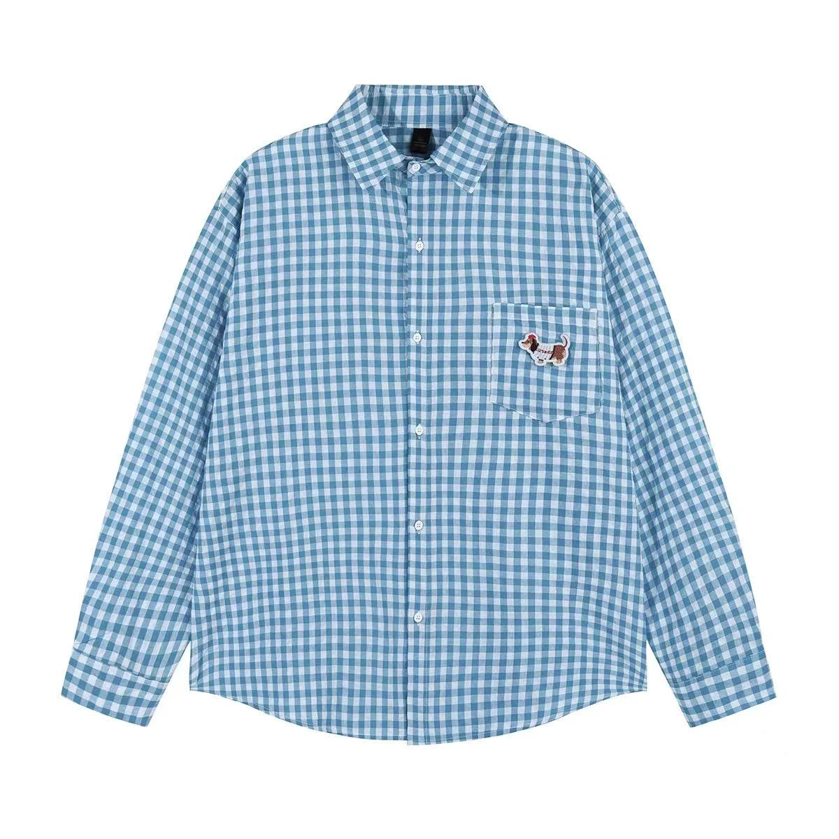 

Свободная длинная рубашка в синюю клетку с принтом таксы, весенний дизайн, в корейском стиле, для молодежи