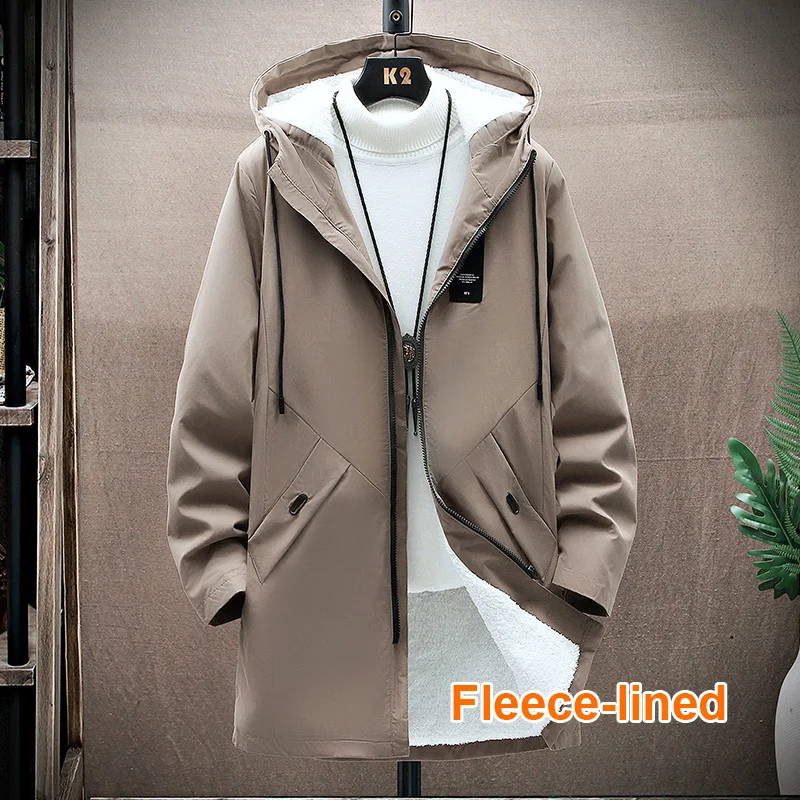

Men's Classic Fashion Long Windbreaker Jackets Autumn Men Casual High-quality Hooded Coat Winter Fleece-Lined Thickened Jacket