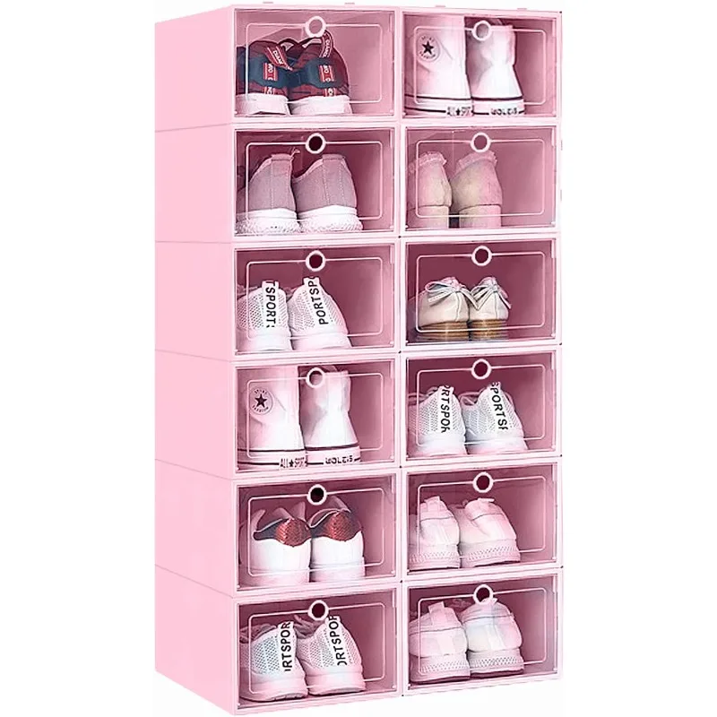 

12 Pack Stackable Shoe Storage Organizer Plastic with Lid, Clear Shoe Boxes Drop Front, Shoe Containers Bins for Men’s Sneaker