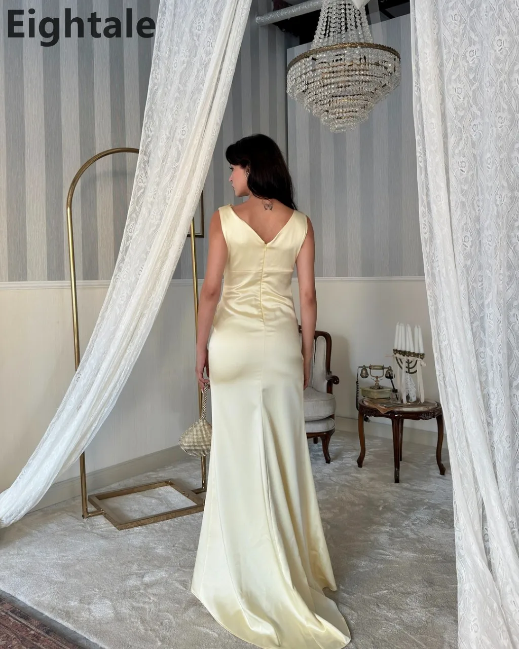 فستان Eightale 2024 من الساتان الأصفر حورية البحر للحفلات الراقصة ورقبة على شكل V مثير بفتحة فستان سهرة للنساء فستان رسمي للحفلات رداء De Soirée
