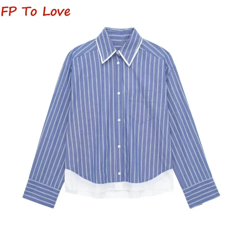 Y2K Spice Girls Vintage Blue Clash Patchwork Striped Shirt Vintage Street Lapel Shirt 2099079