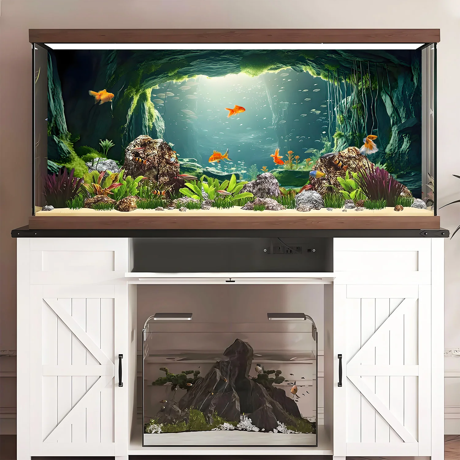 Aquarium-Hintergrund, Hintergrund für Fischbecken, Unterwasserhöhle, Aquarium-Dekoration, selbstklebender 2D-Flachsticker für die Vorderseite. – Detail 3