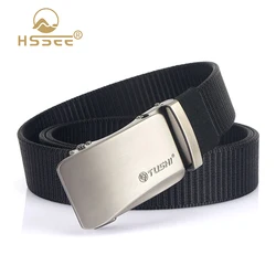 HSSEE New Jeans Waistband for Men Silver Metal Automatic Buckle Tactical Outdoor Belt Thick Nylon Casual Belt Brown Red Belt