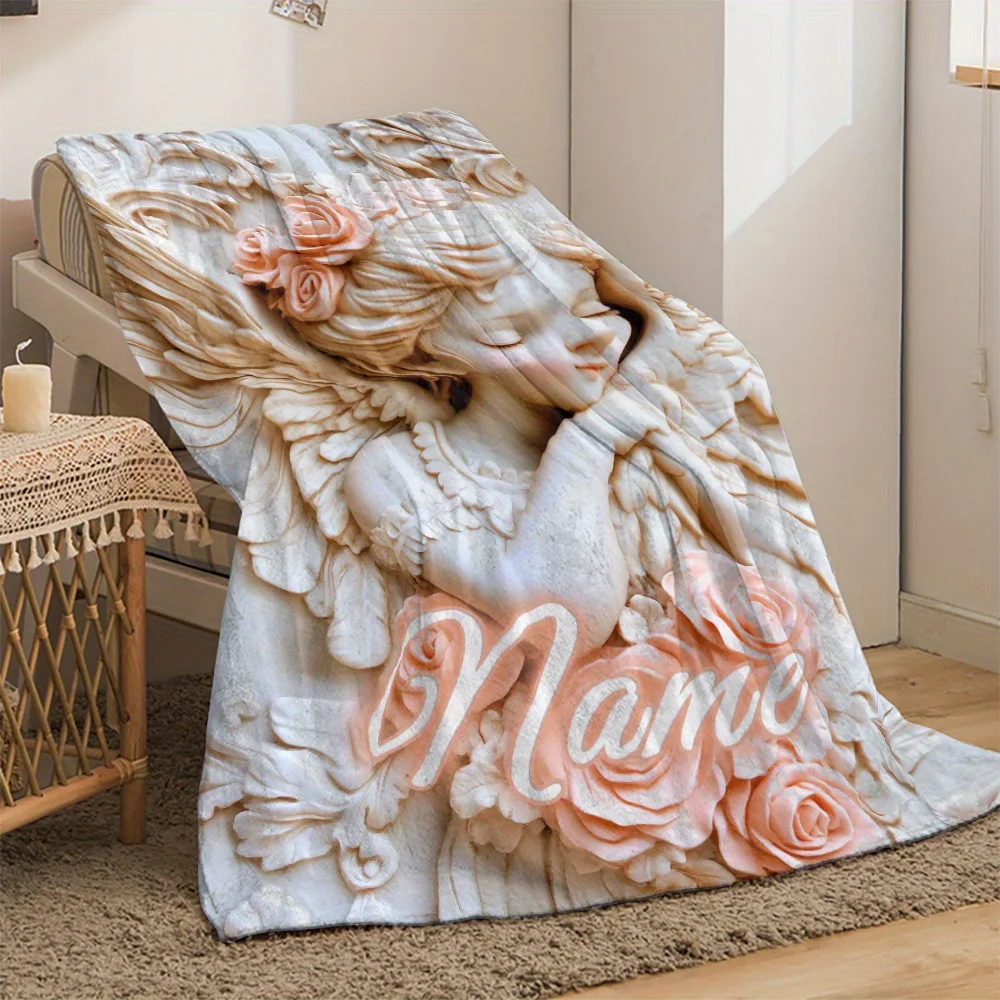 بطانية فانيلا منحوتة ملاك مخصصة، ناعمة وخفيفة الوزن ودافئة، مناسبة للسفر والتخييم وغرف المعيشة والمكاتب