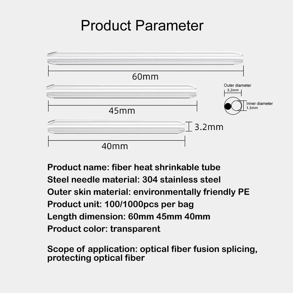 광섬유 융합 보호 스플라이스 슬리브, 고온 열 수축 튜브, 용융 튜브, 수축 가능, 1000 개/로트, 40mm, 45m, 60mm
