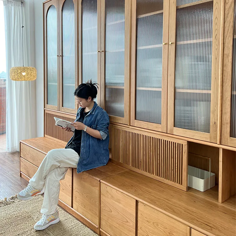 Cherry Wood Glass Bookcase Solid Wood Full Wall Bookcase Nordic Minimalist Living Room Furniture High-end Furniture Customizable