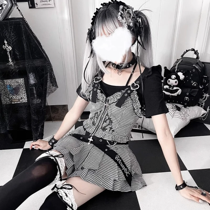 Original Subculture Dark Gothic Plaid Skirt Set Summer Women's Slim Fit Sweet Cool Knitted Top Zipper Vest Mini Skirt Outfits