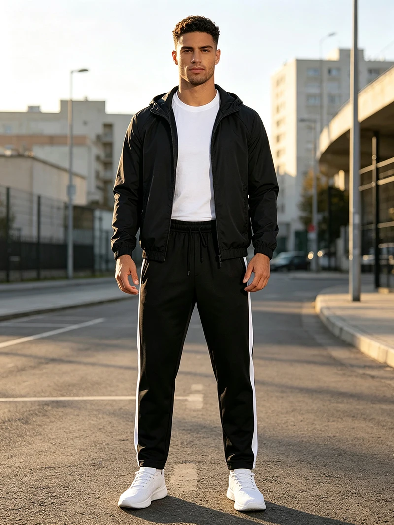 Herren-Freizeithose für Frühling/Herbst, gerader Schnitt, Seitenstreifen, elastischer Bund mit Kordelzug, Reißverschluss am Knöchel, normale Passform, für den täglichen Sport- und Freizeitgebrauch – Detail 13