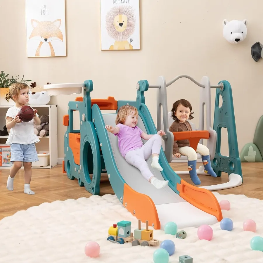 6 in 1 Toddler Slide and Swing Set Indoor Outdoor Bus Playset Gym with Baby Swing Basketball Hoop Crawling Tunnel Climber Play