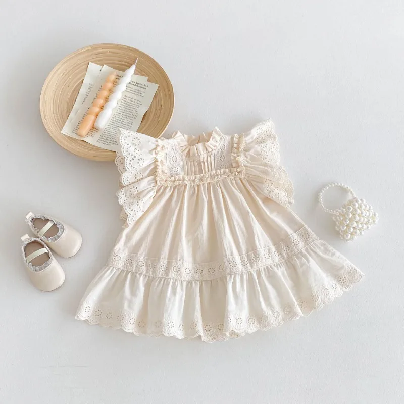 Summer Newborn Infant Baby Girls Lace Dresses Muslin Puff Sleeve Casual Cotton Loose Dress Kids Fashion Daily Baby Clothing