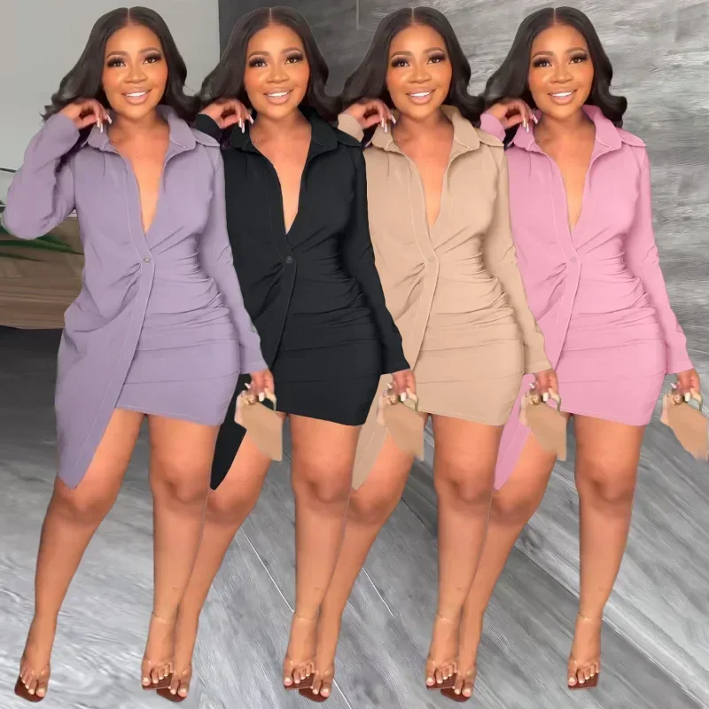 GUWU primavera manga larga cuello vuelto fruncido abrigo Mini vestido camisero mujeres elegante Clubwear fiesta blusa Irregular vestido estilo