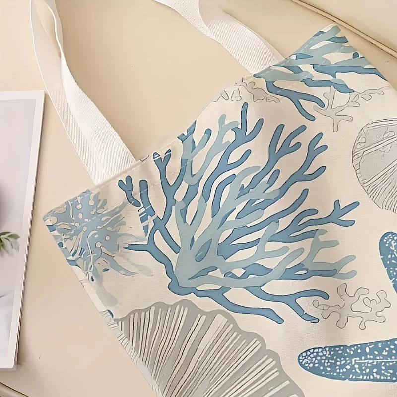 Large-Capacity Tote Bag with Blue Starfish Pattern Print, Foldable Shoulder Bag, Suitable for Travel Lightweight Shopping Bag