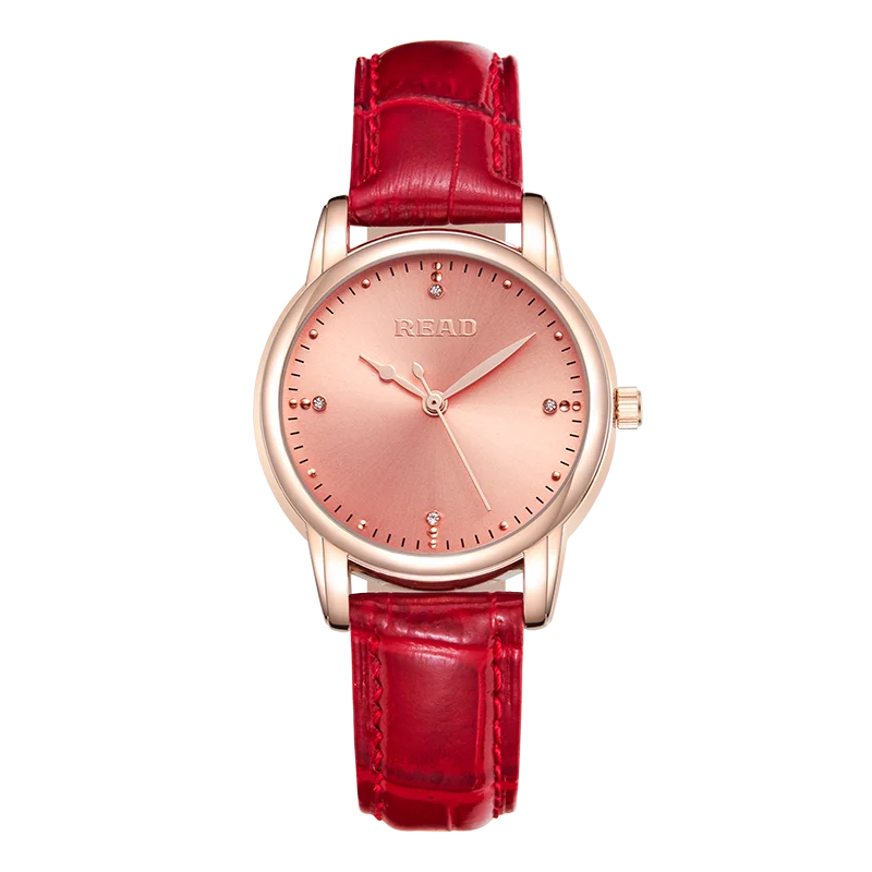 READ Ladies Minimal Quartz Wrist Watch | Simple Rose Dial | Red Leather Strap | Daily Water Resistant Women Casual Watch