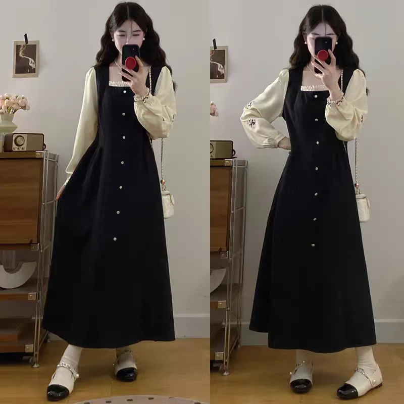 Retro Color Block High-End Dress Early Autumn plus Size Unique Design Fake Two-Piece Skirt 1970 A-Line Long Sleeve Dress