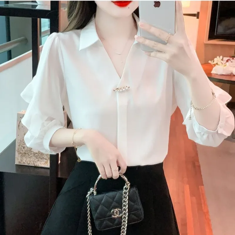 Women\'s Summer New Fashion Commute Solid Color Spliced Ruffles 3/4 Sleeve Chiffon Blouses Work Wear Half Open Collar Chic Shirts