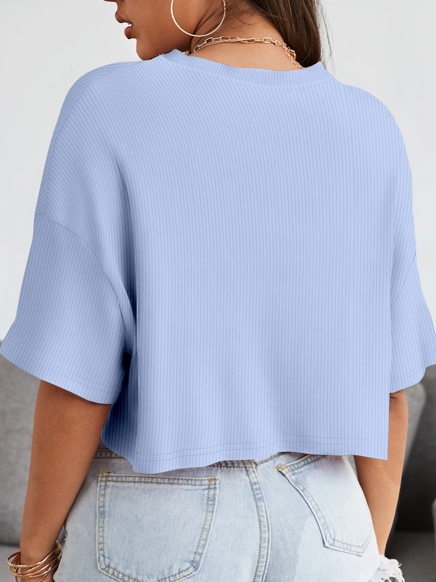 Cozy Homewear Cropped Short Sleeve Blouse, Loose Ribbed Top for Indoor Rest & Casual Outings