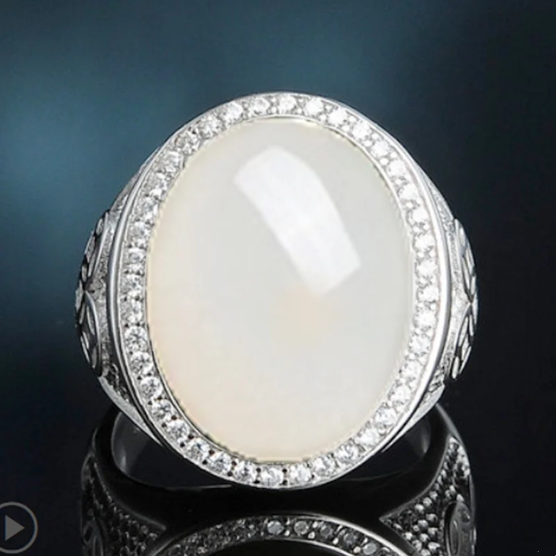 Top Grade Jade Oval Ring For Men Jewelry 925 Sterling Silver Men Wedding Ring With Shining Stones Hollow Coin Finger Accessories