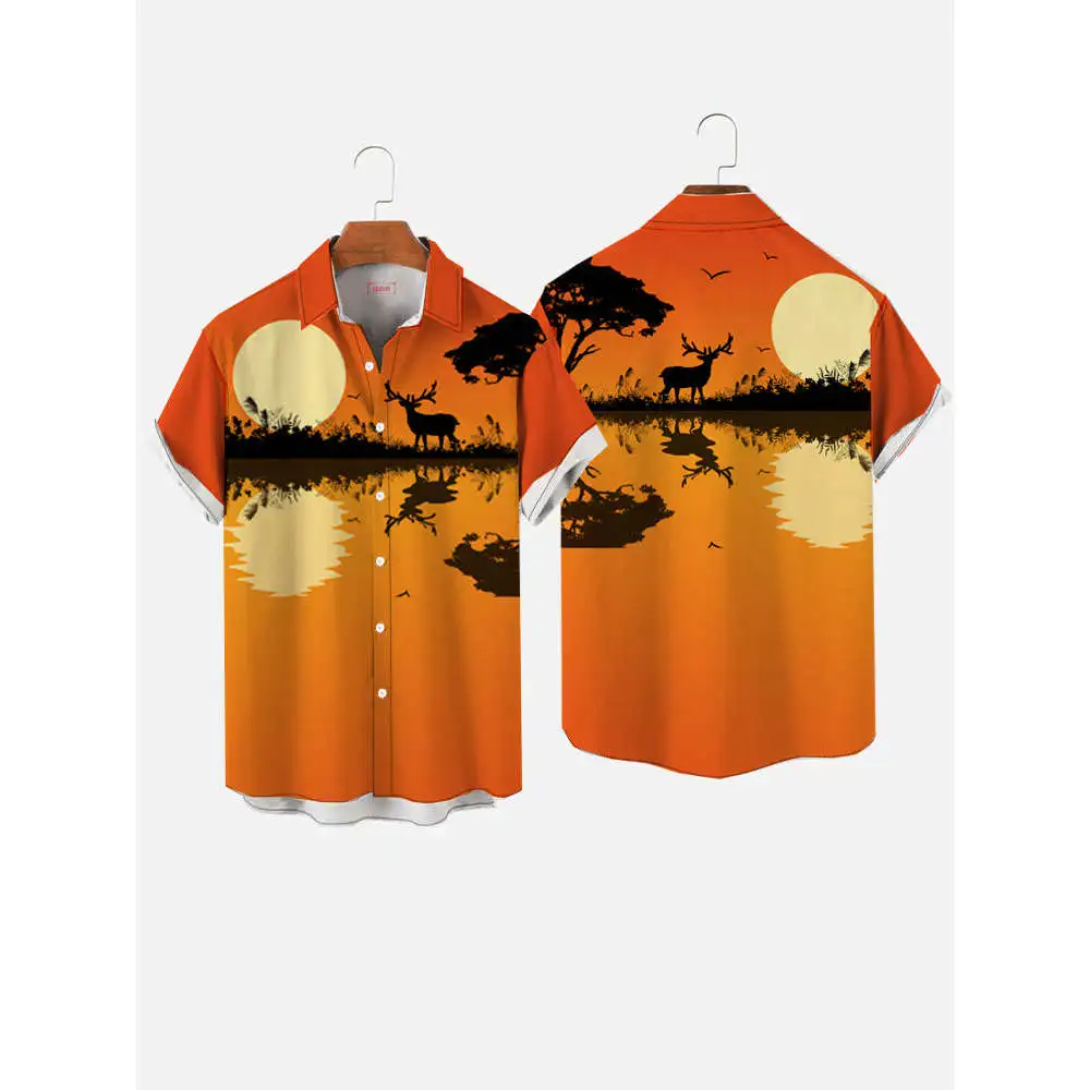 Hawaiiaans kokospalmpatroon 3D-print reversoverhemden Strand zonsondergang mode bloemenshirt met korte mouwen Oversized unisex casual tops