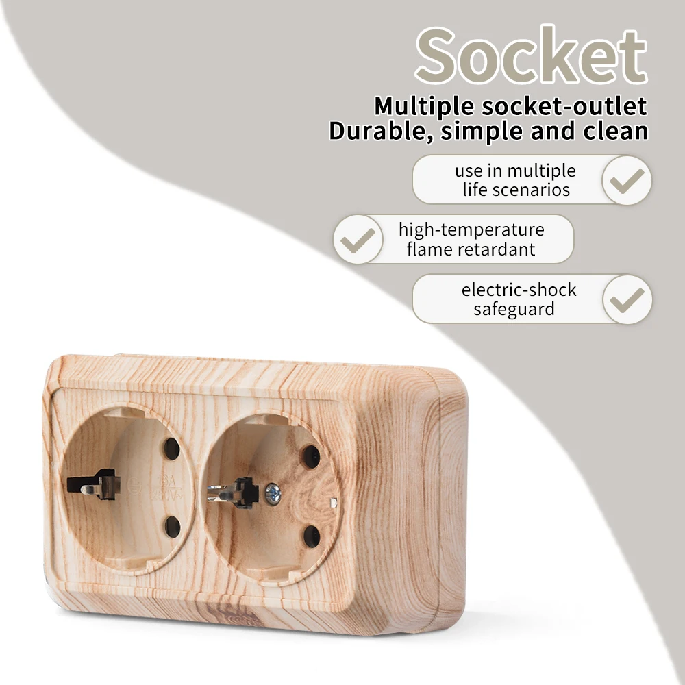 Wood With Ground Wall Surface Plugs Socket Classic Paint Plastic Flame Retardant Power Sockets EU Standard Electrical Outlets