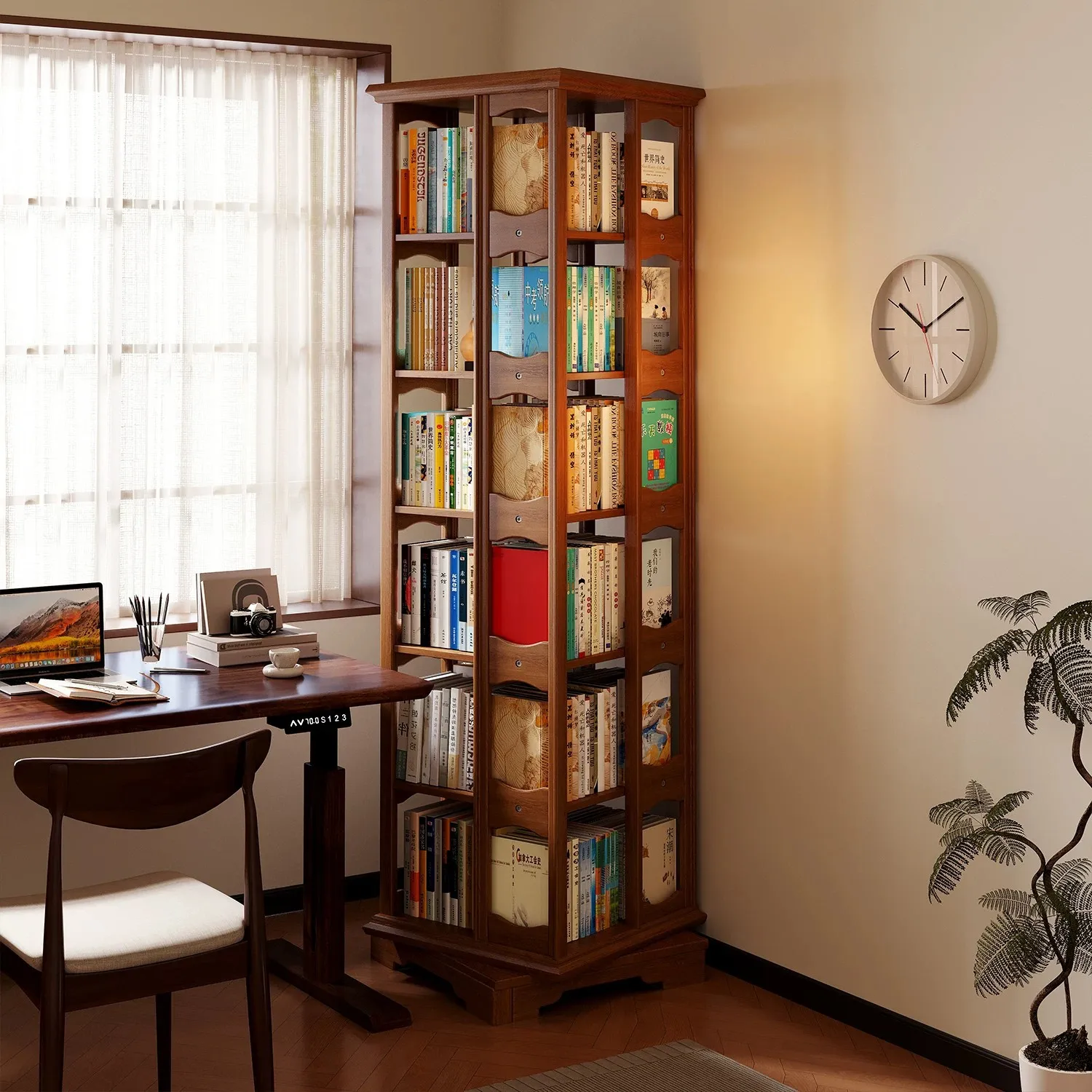 360-Degree rotating bookshelf, floor-to-ceiling movable corner bookcase, integrated narrow cabinet against the wall