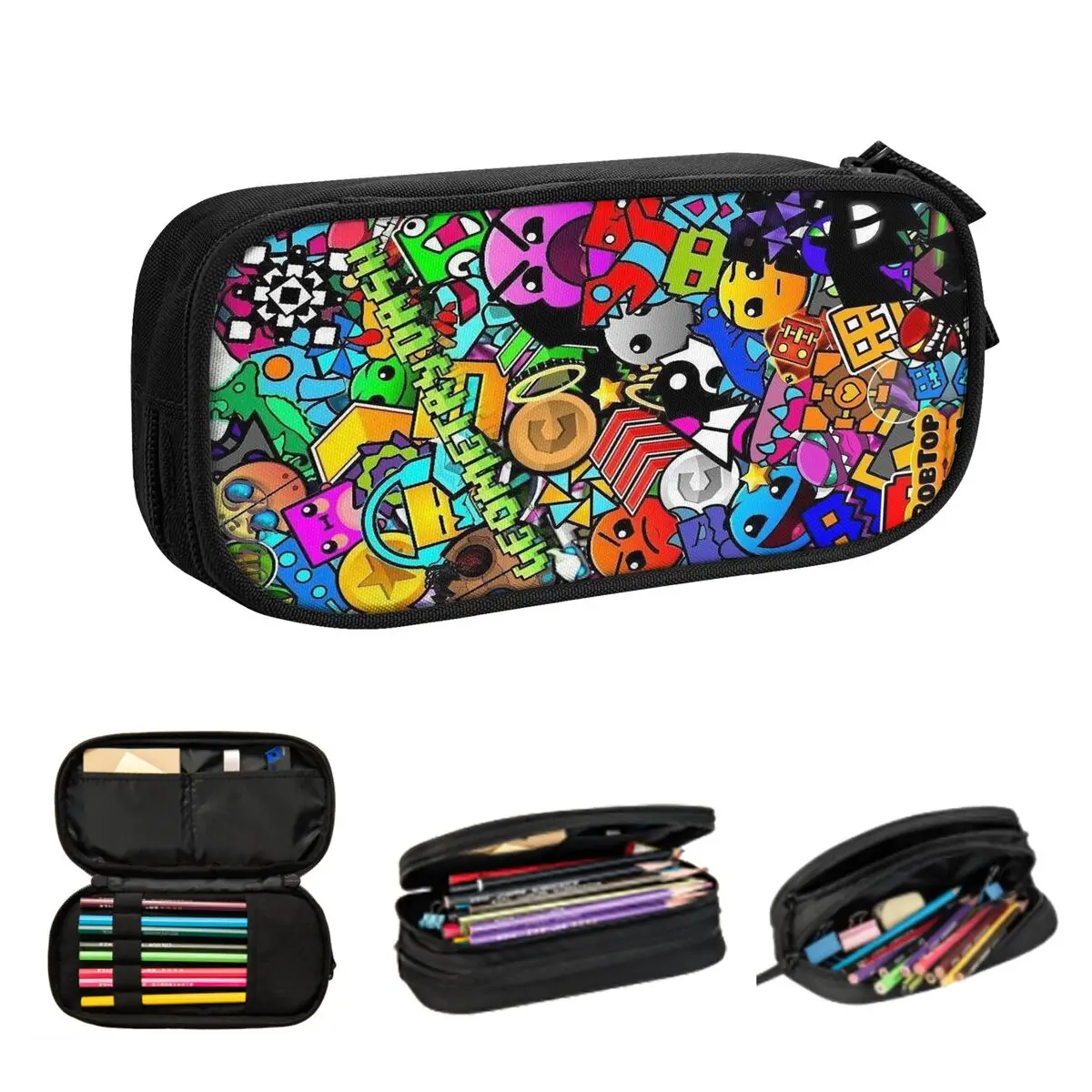 Video Game Geometry Dash Pencil Cases for Students School Pen Box Pencil Bag Large Storage Pencil Pouch