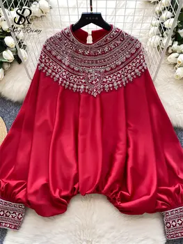 SINGREINY Podzimní flitrovaná vintage saténová halenka pro ženy s netopýřími rukávy a korálky, elegantní volné topy, vysoce kvalitní seniorské prázdninové topy 10 nejlepší prodej halenka s flitry - №2