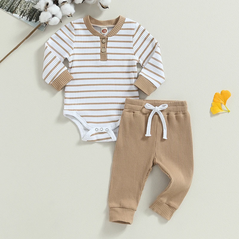 

2Pcs Unisex Baby Spring Fall Outfits Suit Casual Long Sleeve Striped Print Romper+Elastic Waist Pants for Toddler Infant