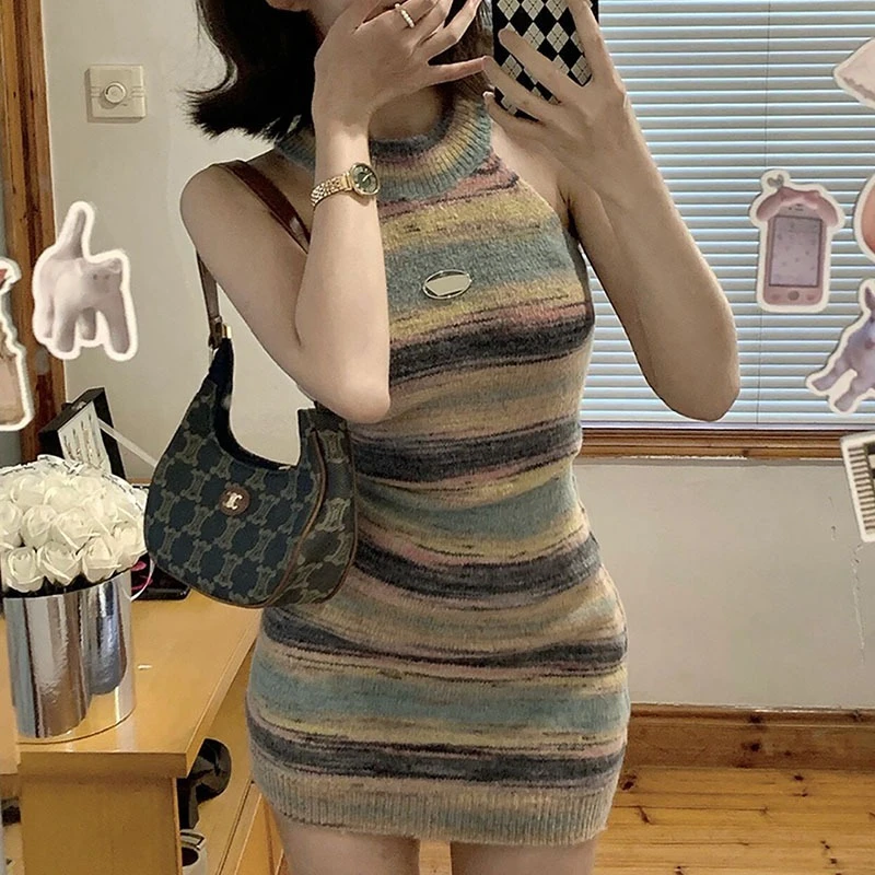2025 Zomer Y2k Leuke Kleurblok Strepen Halter Hals Gebreide Wikkeljurk Sexy Mode Bodycon Strapless Afslanken O-hals Vrouwen Jurk