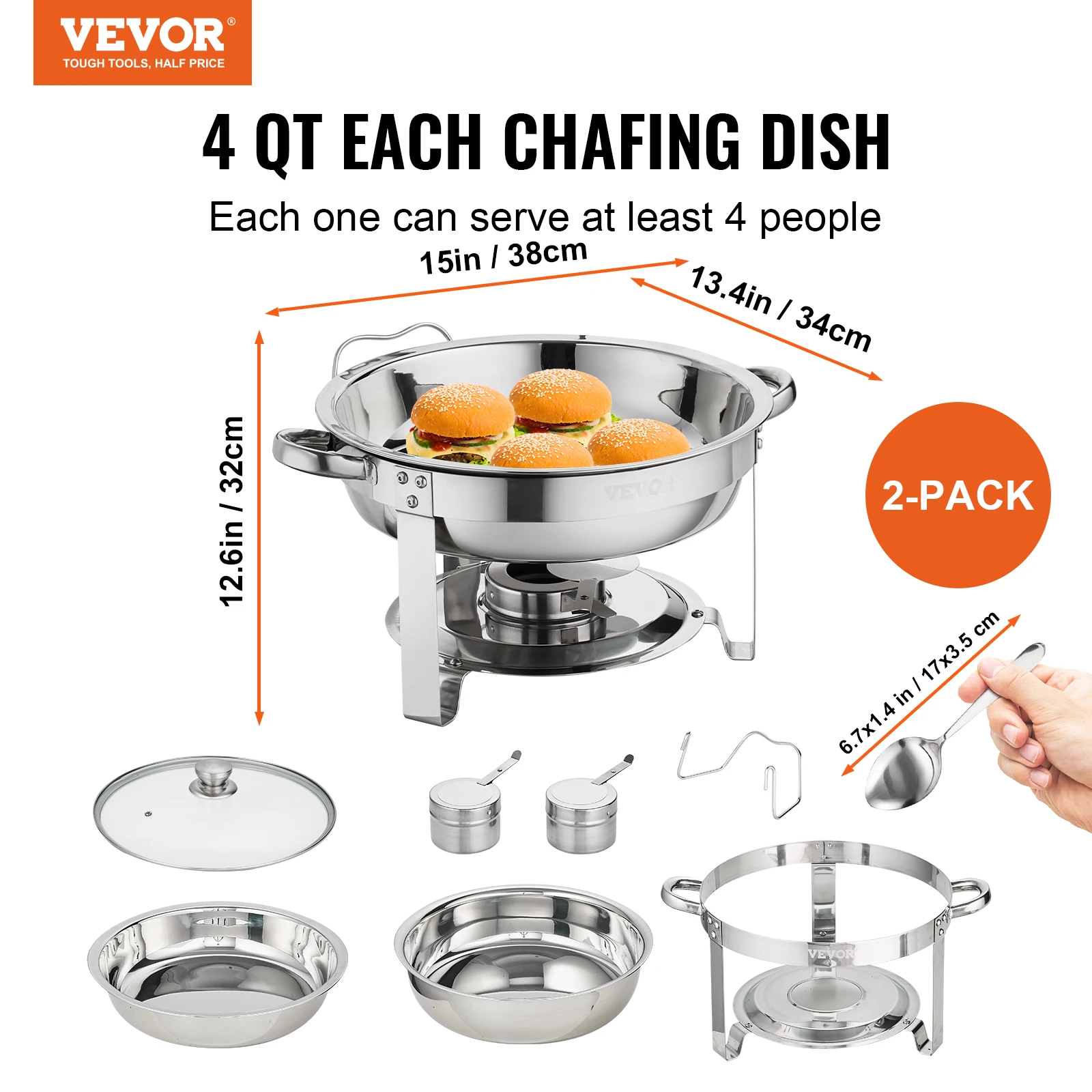 Vevor-aço inoxidável redondo Chafing Dish Set, Buffet Chafer com tamanho completo Pan, tampa de vidro, suporte do combustível, catering aquecedor, 4QT, 2 Pack