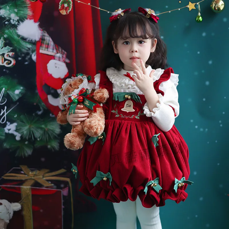 Girls Sweet Bow Princess 2pccs Sets spring Autumn Children Baby Kids Long Sleeved Party Sweater+ Christmas Dress Suit Lolita