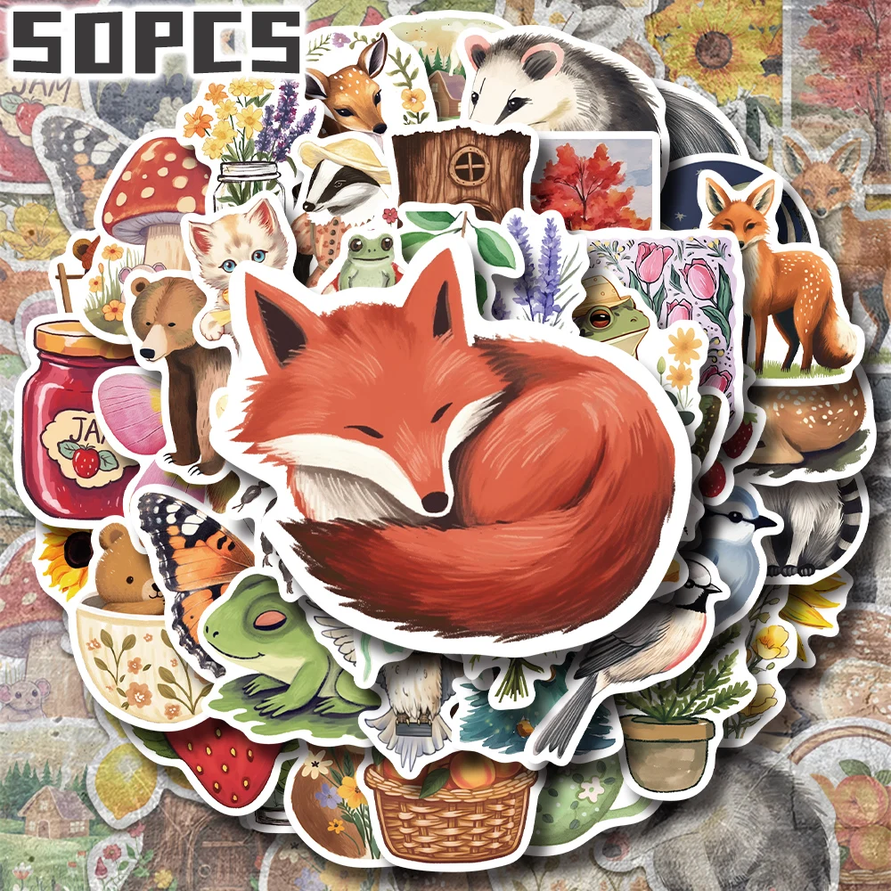 50pcs llustration of Forest themed non-repeating stickers for holiday gift party decor Back to school Class reward Birthday gift