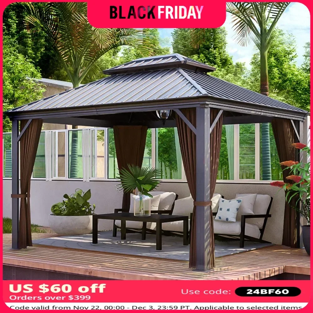 10x 12' Hardtop Gazebo, with Netting and Curtains, Double Roof Patio Metal Gazebos Canopy for Patio, Deck, Outside Canopy Gazebo