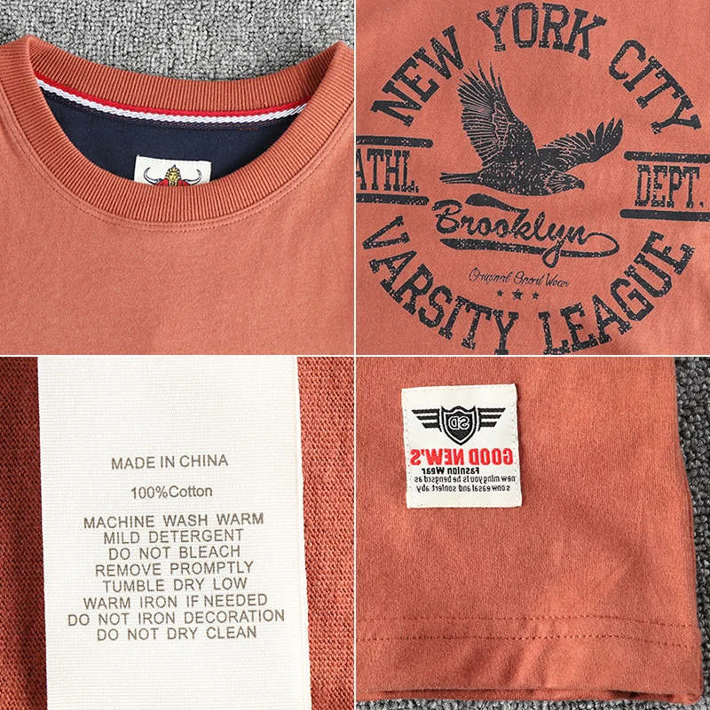 Summer New American Retro Short-sleeved O-neck Eagle Letter Printed T-shirt Men\'s Fashion 100% Cotton Washed Casual Sport Tops