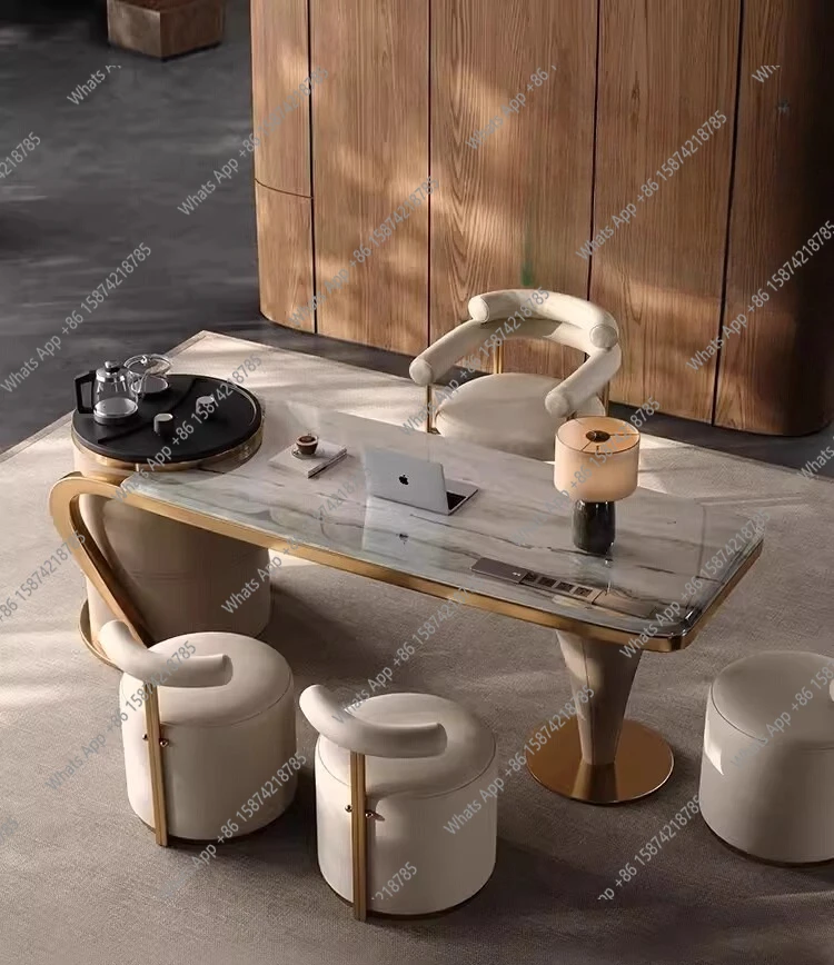 

Natural marble luxury stone tea table villa light luxury modern high-end living room home balcony tea table and chairs