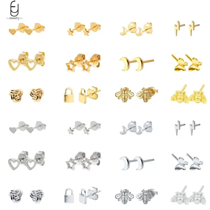 925 Sterling Silver Needle Fashion Star moon Small Piercing Earring Simple Heart/Lightning Stud Earring For Women Luxury Jewelry