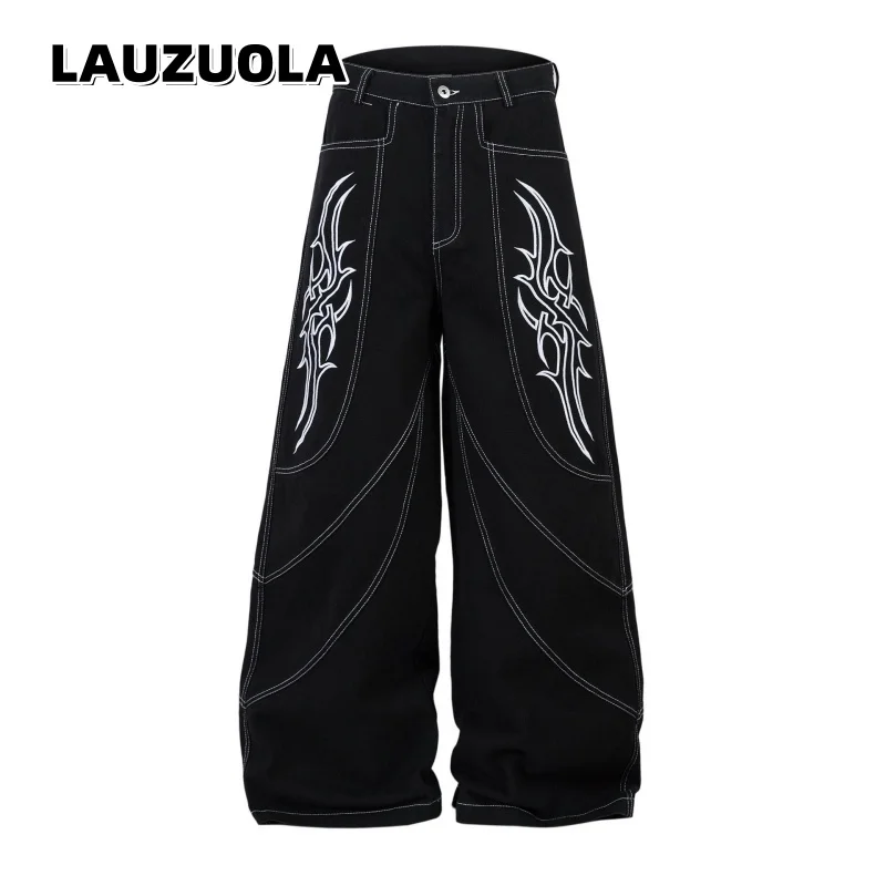 Calças Jeans Largas com Bordado Tribal Branco Gótico e Costura Contrastante para Homens e Mulheres, Calças Casuais Streetwear