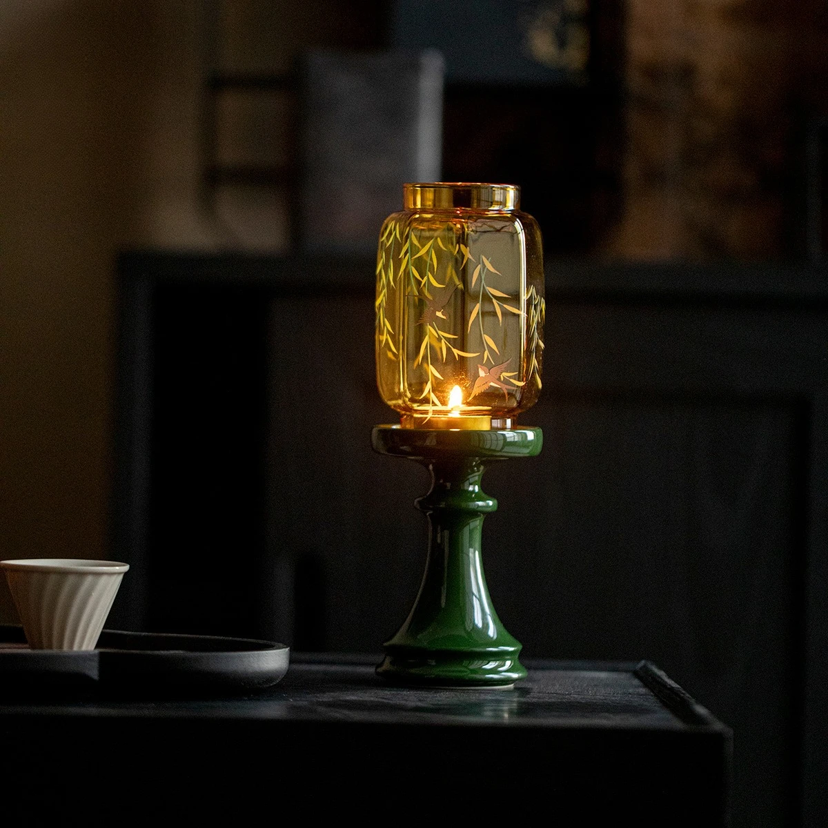 New Chinese style glass emerald candle holder atmosphere lamp aromatherapy candle tea ceremony accessories desktop decoration