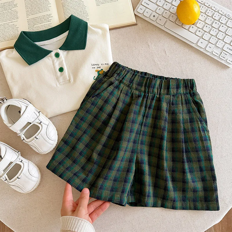 26 Spring Summer Cotton Print Polo Short-sleeve Top Casual Plaid Pants 2piece Set Boys Girls 3-12 Years Pullover Stylish Outfit